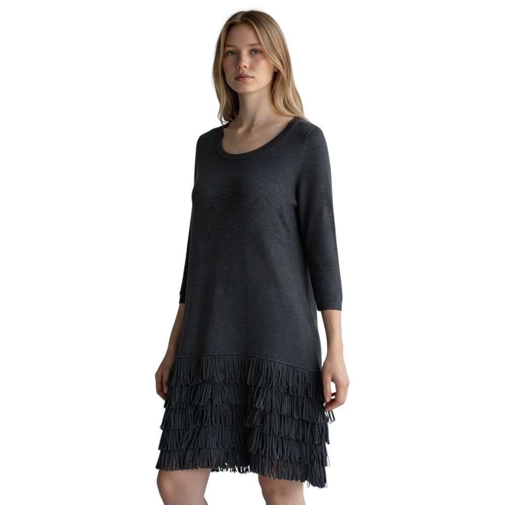 Calvin Klein Charcoal Grey Fringed Knit Shift Sweater Dress 3/4 Sleeve Sz L
